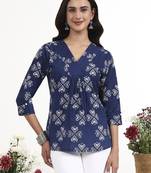 Navy blue printed cotton western top for women