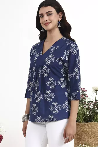 Navy blue printed cotton western top for women