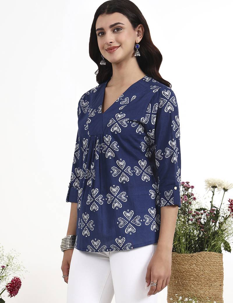 Navy blue printed cotton western top for women