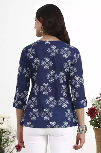 Navy blue printed cotton western top for women