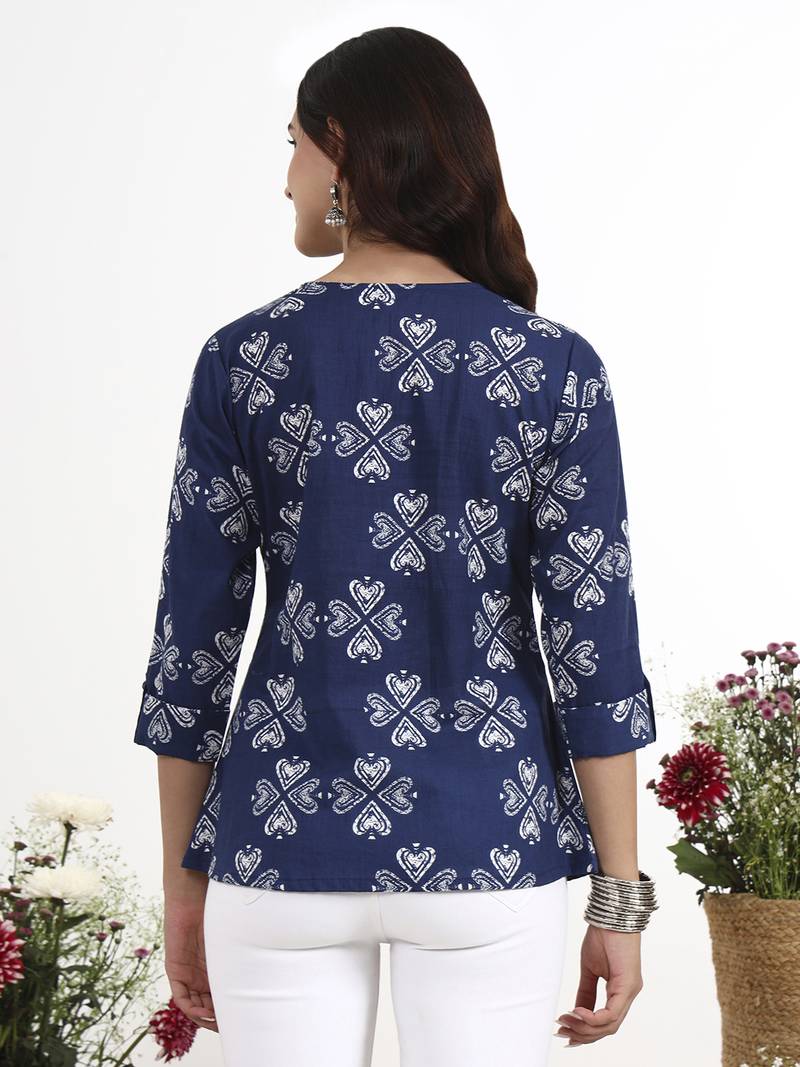 Navy blue printed cotton western top for women