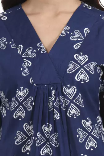 Navy blue printed cotton western top for women