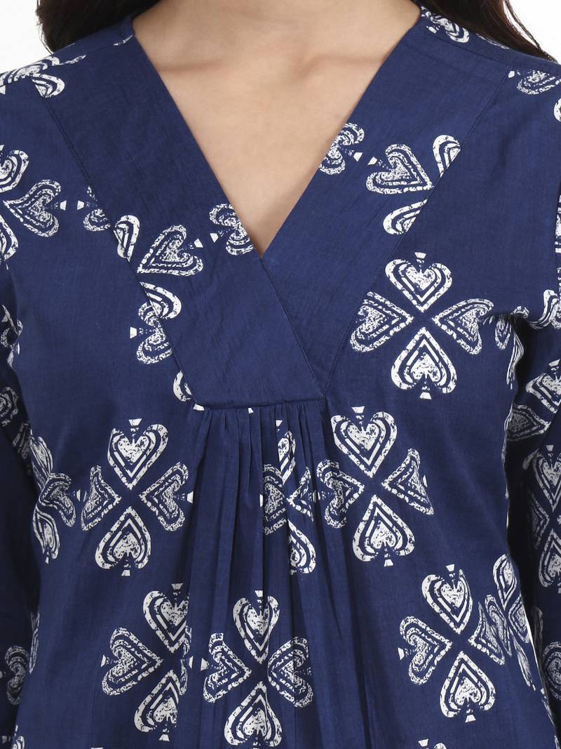 Navy blue printed cotton western top for women