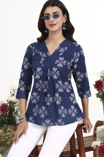 Navy blue printed cotton western top for women