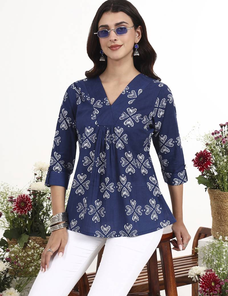 Navy blue printed cotton western top for women