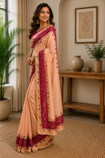 peach pink printed chanderi cotton ready to wear saree with unstitched blouse
