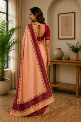 peach pink printed chanderi cotton ready to wear saree with unstitched blouse 4