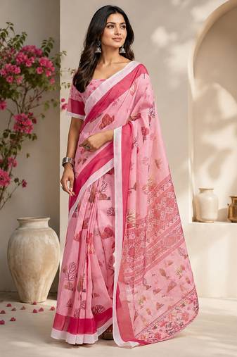 pink printed chanderi cotton ready to wear saree with unstitched blouse