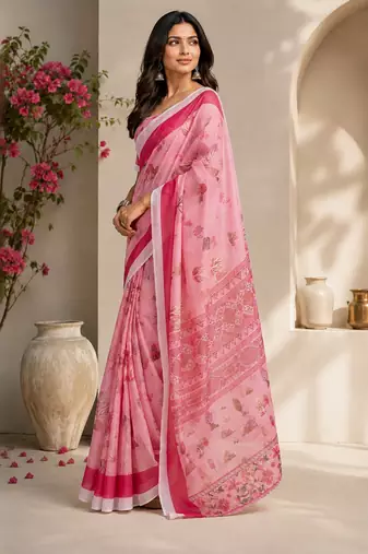 pink printed chanderi cotton ready to wear saree with unstitched blouse