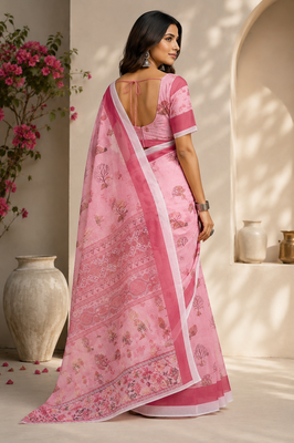 pink printed chanderi cotton ready to wear saree with unstitched blouse 4