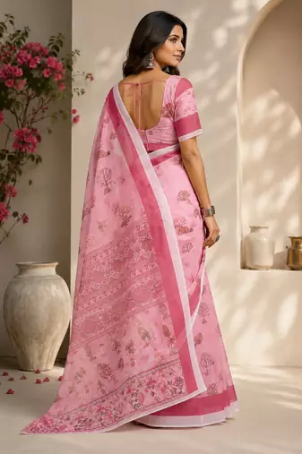 pink printed chanderi cotton ready to wear saree with unstitched blouse