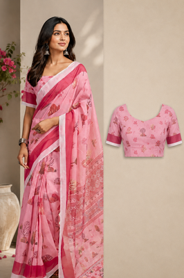 pink printed chanderi cotton ready to wear saree with unstitched blouse 5