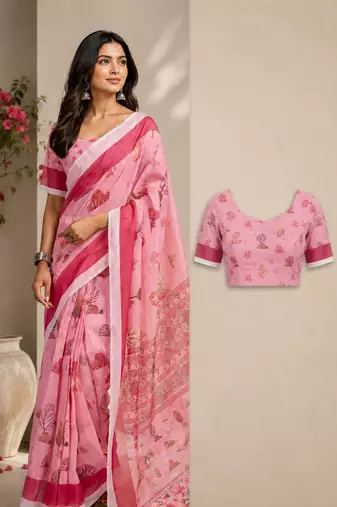 pink printed chanderi cotton ready to wear saree with unstitched blouse