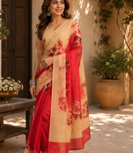 red printed chanderi cotton ready to wear saree with unstitched blouse