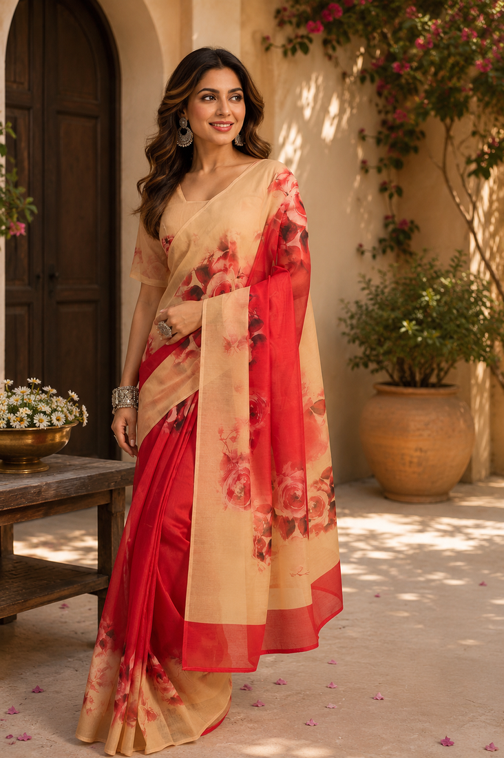 red printed chanderi cotton ready to wear saree with unstitched blouse