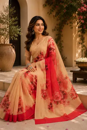 red printed chanderi cotton ready to wear saree with unstitched blouse