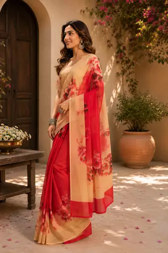red printed chanderi cotton ready to wear saree with unstitched blouse