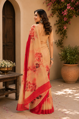 red printed chanderi cotton ready to wear saree with unstitched blouse 4