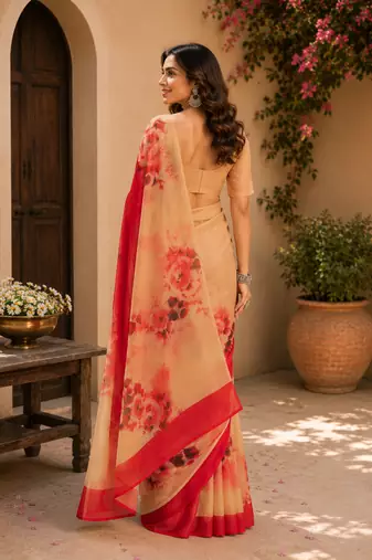 red printed chanderi cotton ready to wear saree with unstitched blouse