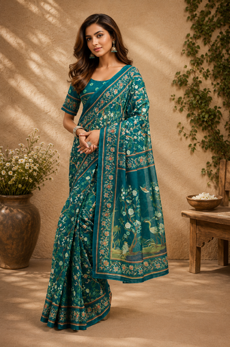 teal green printed chanderi cotton ready to wear saree with unstitched blouse