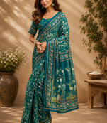 teal green printed chanderi cotton ready to wear saree with unstitched blouse
