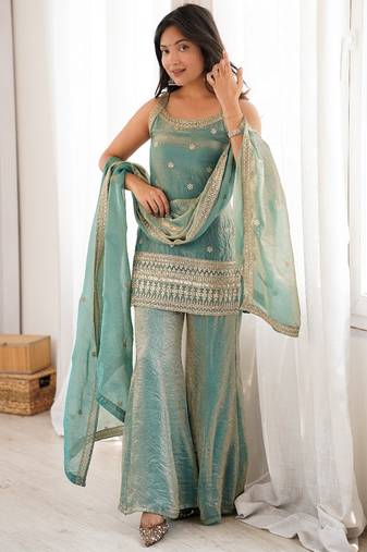 Sea green colour fendy silk embroidered kurta bell bottom set