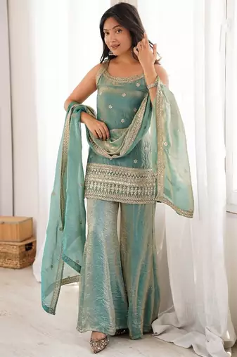 Sea green colour fendy silk embroidered kurta bell bottom set