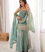 Sea green colour fendy silk embroidered kurta bell bottom set