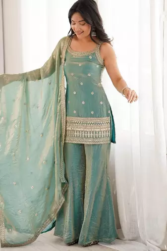 Sea green fendy silk embroidered kurta bell bottom set