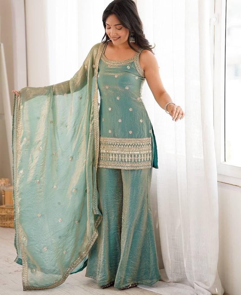 Sea green colour fendy silk embroidered kurta bell bottom set
