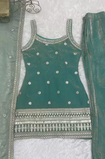 Sea green fendy silk embroidered kurta bell bottom set