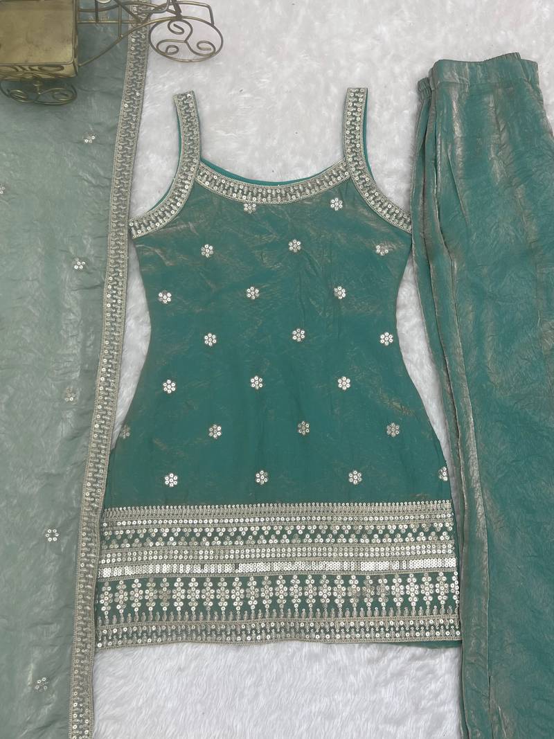 Sea green colour fendy silk embroidered kurta bell bottom set