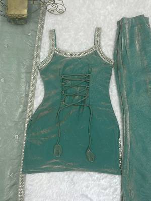 Sea green fendy silk embroidered kurta bell bottom set 4