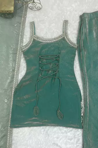 Sea green fendy silk embroidered kurta bell bottom set