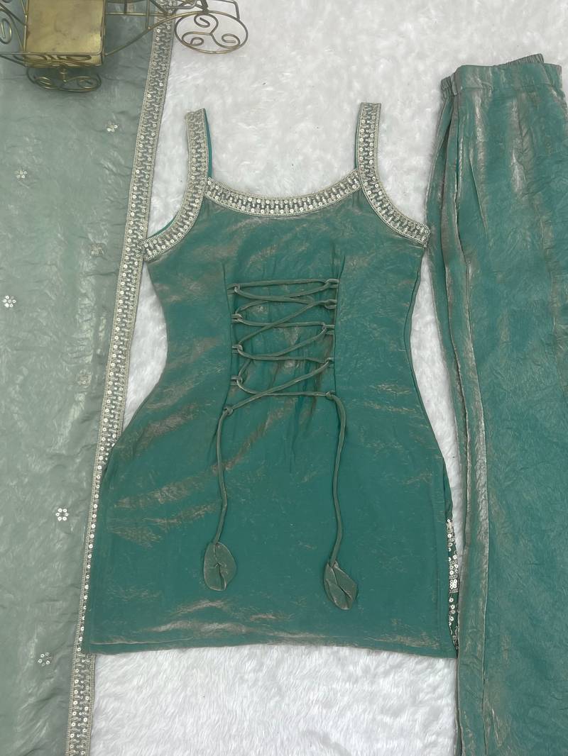 Sea green colour fendy silk embroidered kurta bell bottom set
