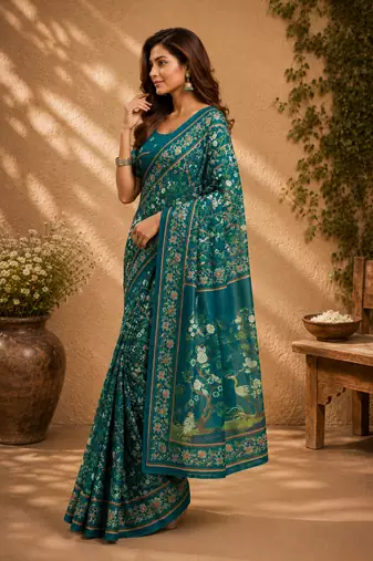 teal green printed chanderi cotton ready to wear saree with unstitched blouse