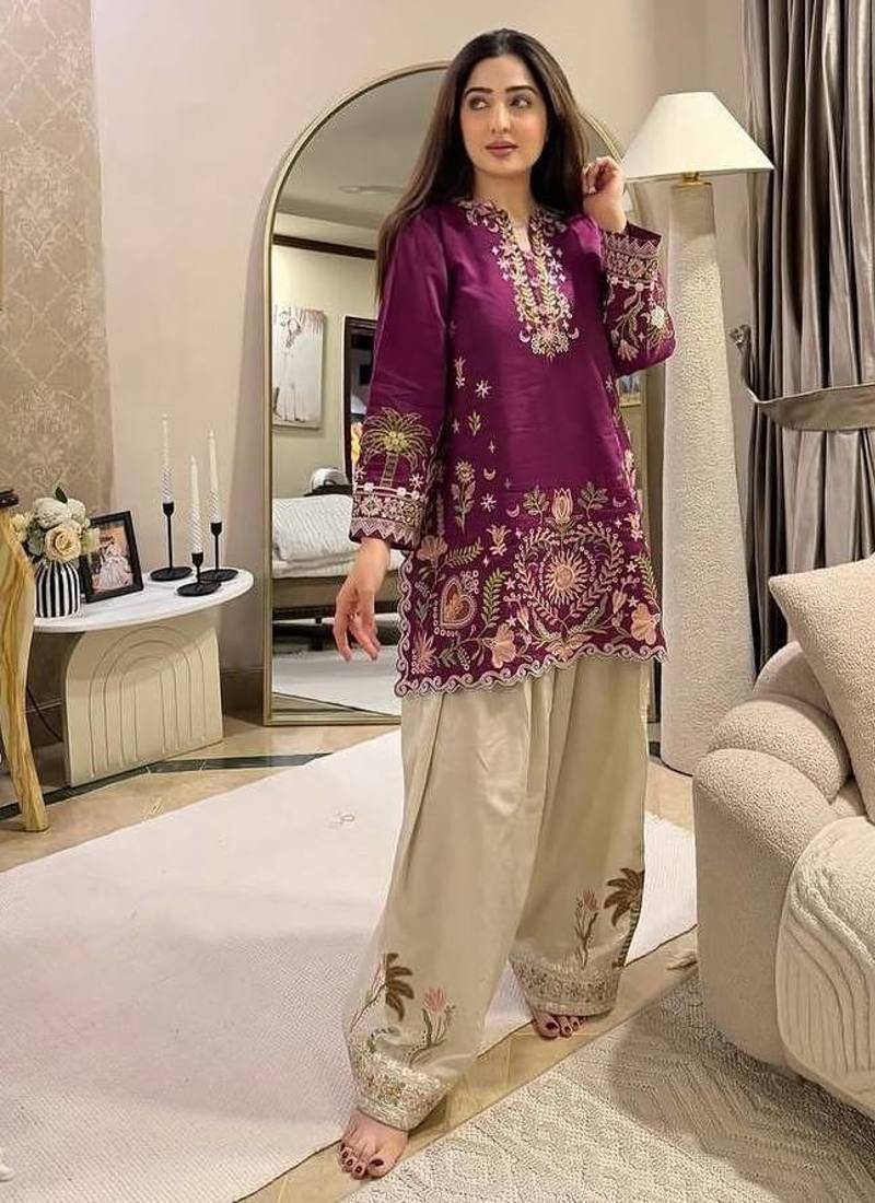 Purple embroidered french crepe kurti salwar set