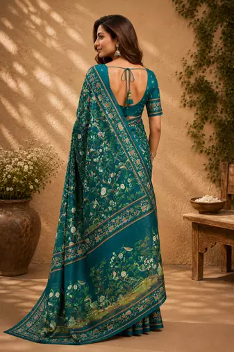 teal green printed chanderi cotton ready to wear saree with unstitched blouse