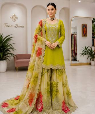 Green designer chinon embroidered suit set 1