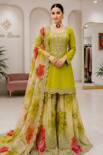 Green colour designer chinon embroidered suit set