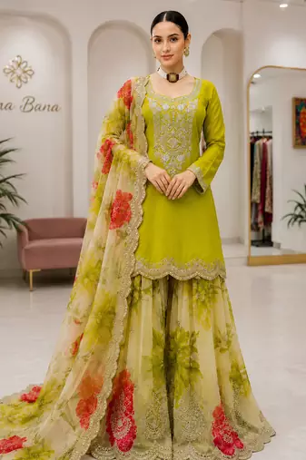 Green colour designer chinon embroidered suit set