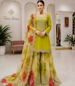 Green colour designer chinon embroidered suit set