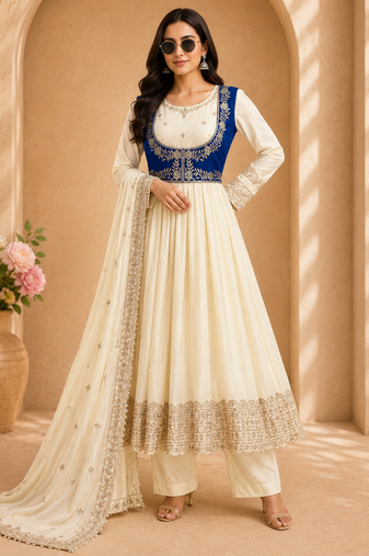 Ivory chinon silk anarkali koti set with dupatta