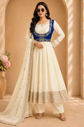 Ivory colour chinon silk anarkali koti set with dupatta