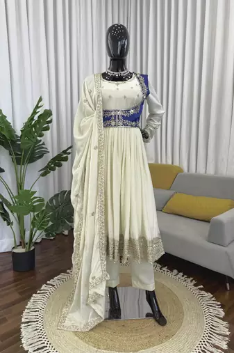 Ivory chinon silk anarkali koti set with dupatta