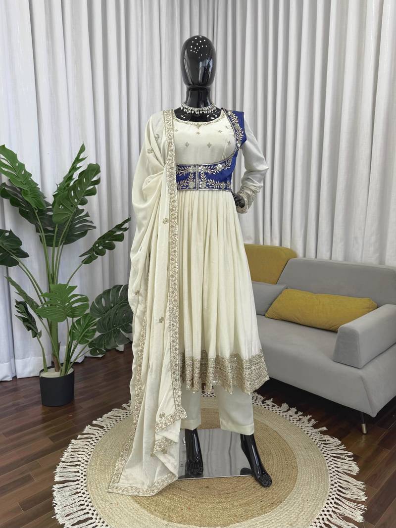 Ivory colour chinon silk anarkali koti set with dupatta