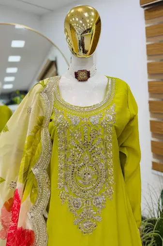 Green designer chinon embroidered suit set