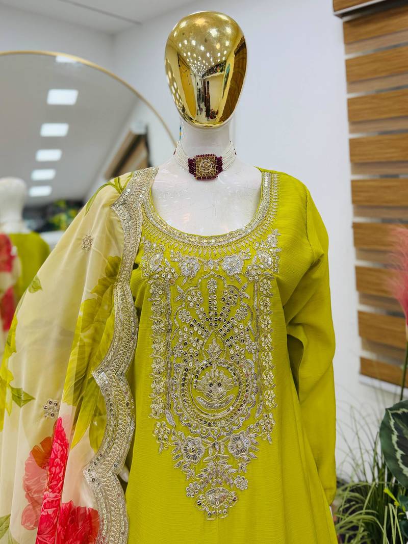 Green colour designer chinon embroidered suit set