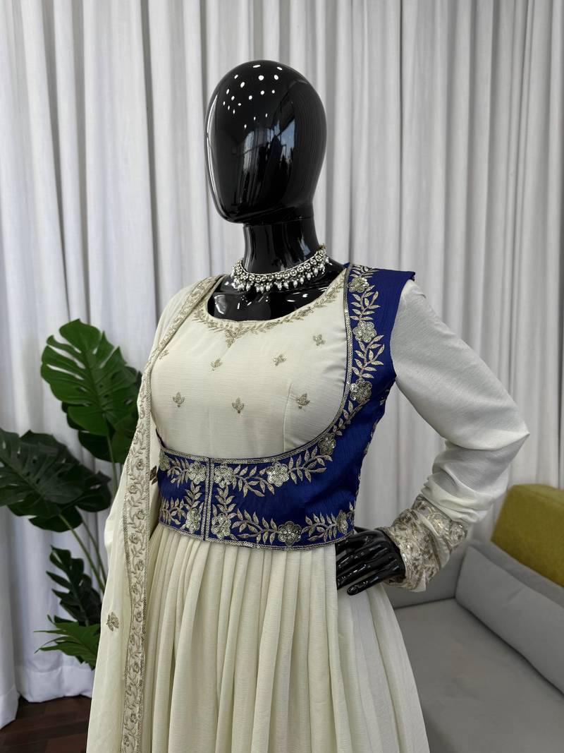 Ivory colour chinon silk anarkali koti set with dupatta