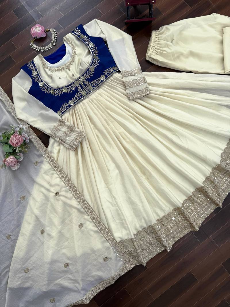 Ivory colour chinon silk anarkali koti set with dupatta